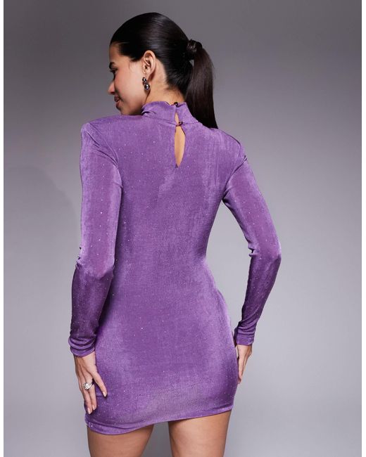 Ruched & Ready Purple Removable Shoulder Pad Detail Choker Cowl Neck Sculpting Hotfix Mini Dress