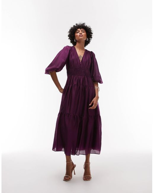 & Other Stories Purple Midaxi Dress With Volume Sleeves And Shirred Bodice