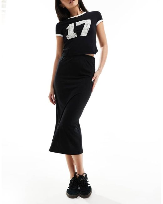 Pieces Geribbelde Rechte Midi Rok in het Black