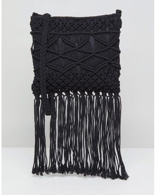 New Look Black Crochet Tassel Cross Body Bag