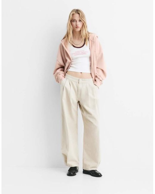 Felpa Con Cappuccio, Logo E Chiusura Con Zip di Pull&Bear in Natural