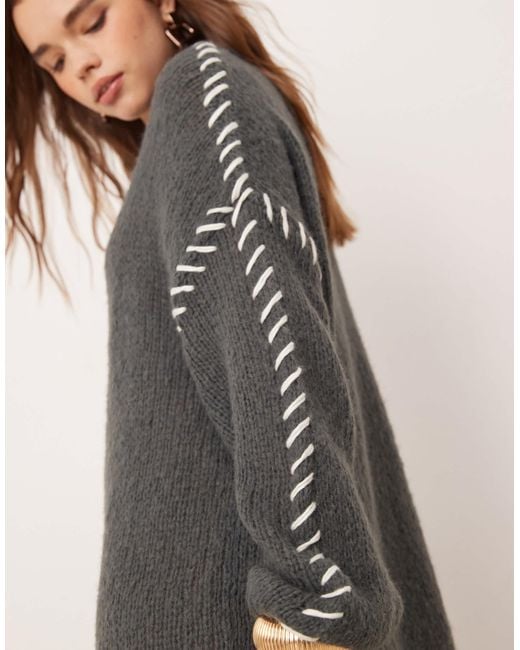 Vila Gray Knitted Jumper Mini Dress With Contrast Stitch