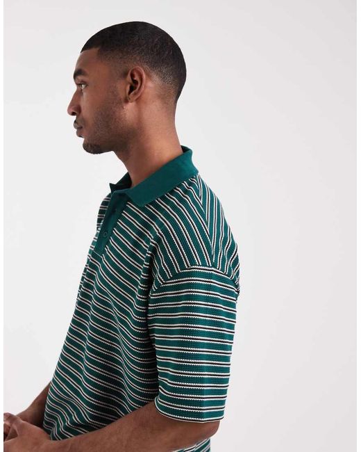 ASOS Black Heavyweight Relaxed Polo With Textured Stripe for men