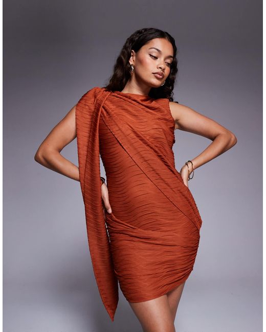 ASOS Orange Asos Design Petite Textured Slash Neck Mini Dress With Draped Sash Detail