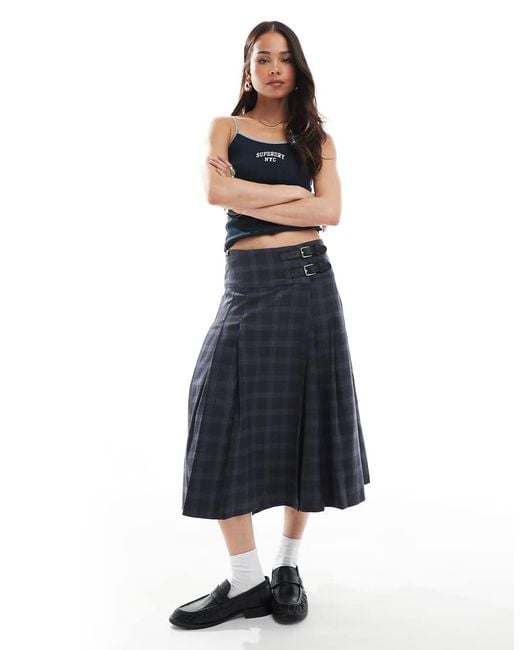Superdry Blue Check Pleated Midi Skirt