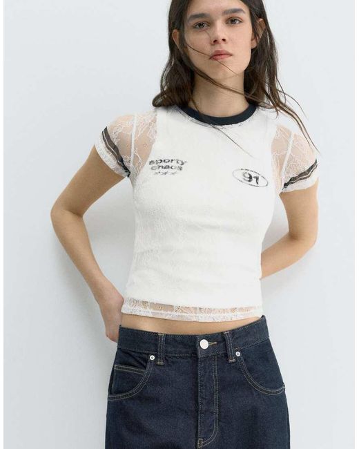 Pull&Bear White Lace Football T-shirt