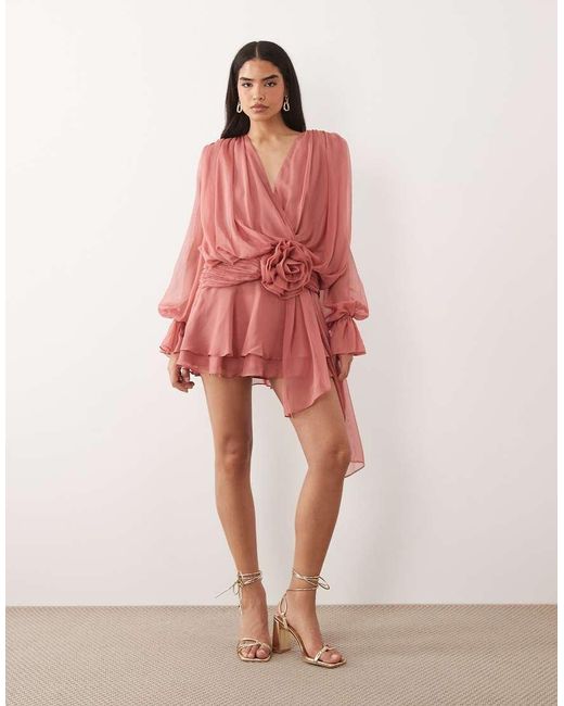 ASOS Red V Neck Skater Dress With Corsage Waist Detail