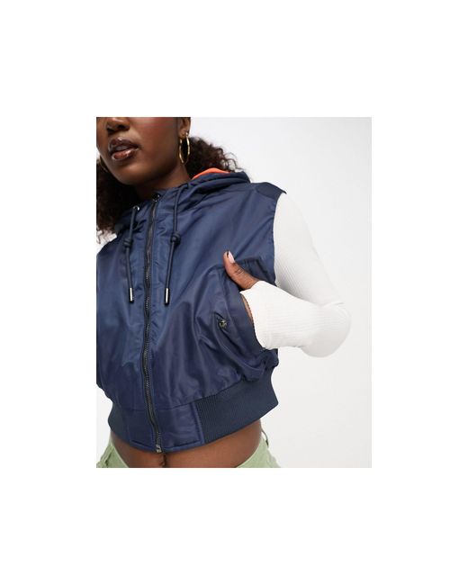 Bershka Cropped Utility Vest With Contrast Hood in Blue | Lyst