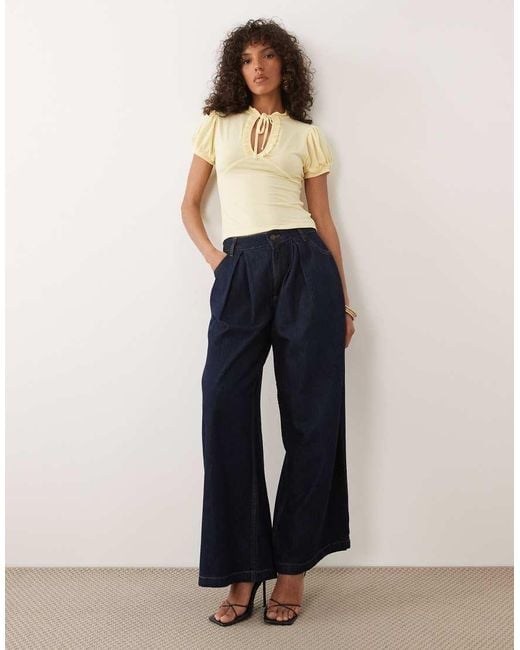 Miss Selfridge Blue Ruffled Keyhole Top With Mandarin Collar