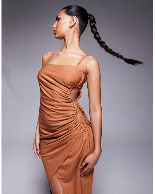 ASOS Gray Linen Look Drapey Cami Midaxi Dress With Channeled Cut Out Detail