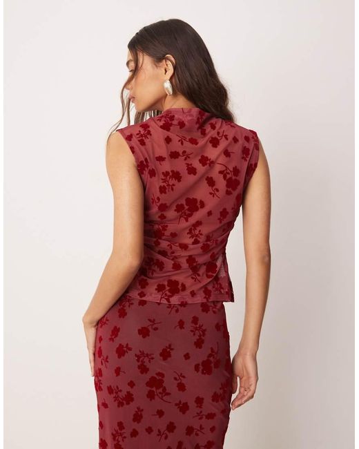ASOS Red Ruched Side High Neck Flocked Mesh Top