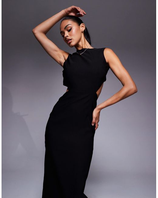 Vesper Black Bengaline Open Back Tie Detail Maxi Dress