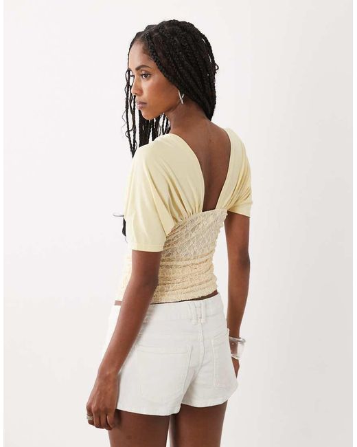 Motel Natural Vernia Plunge Batwing Top With Lace Ruchde Waist