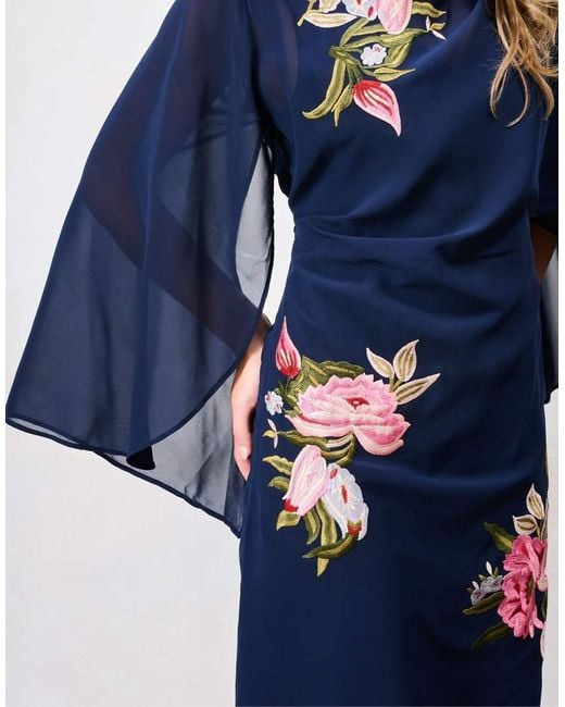 Hope & Ivy Blue The Ludmila Embroidered Caped Sleeve Midi Dress With Bow Back