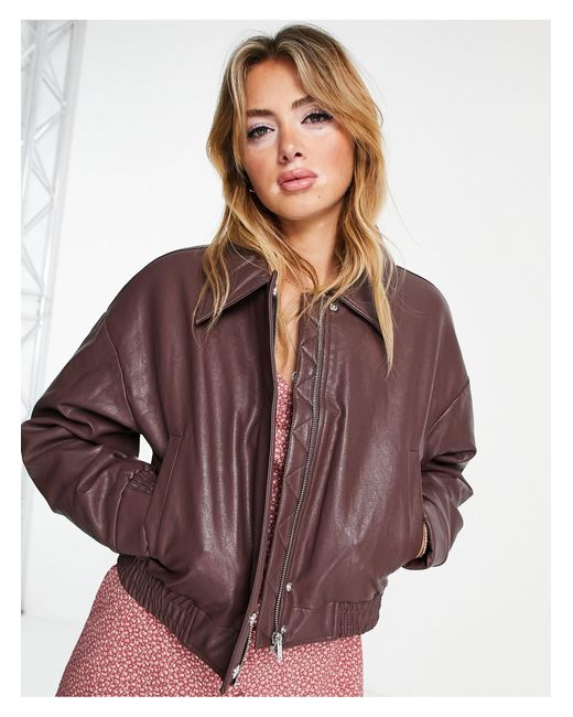 Glamorous Retro Faux Leather Bomber Jacket in Brown Lyst