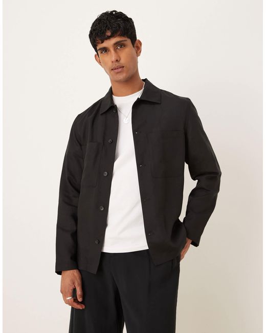 Mango Black Linen Mix Overshirt for men