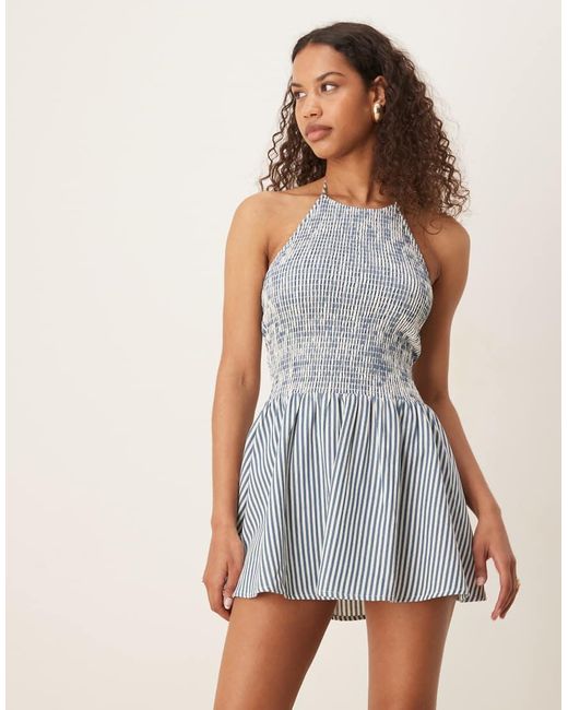 esmé studios Natural Esmee Exclusive Shirred Detail Halter Mini Beach Dress