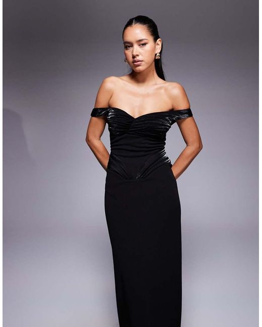 ASOS Black Premium Structured Off Shoulder Corset Maxi Dress With Moulded Hip