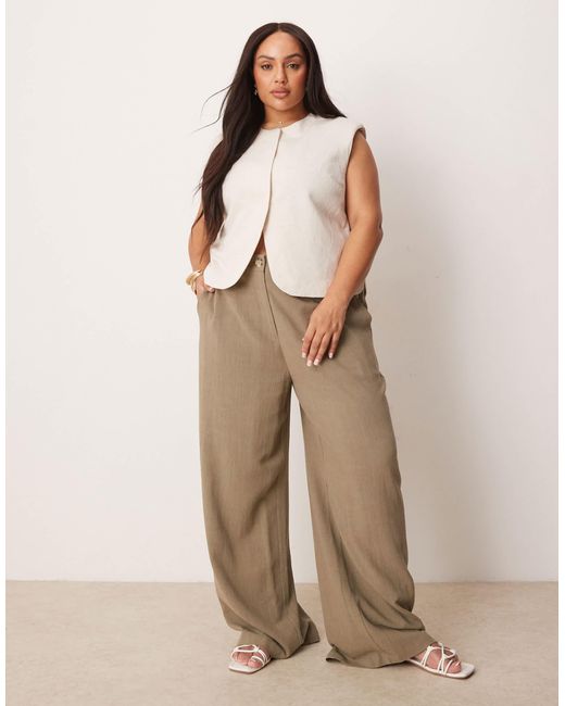 Curve - pantalon droit décontracté en lin mélangé - kaki ASOS en coloris Natural