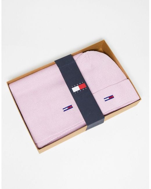 Tommy Hilfiger Pink Flag Logo Beanie And Scarf Set