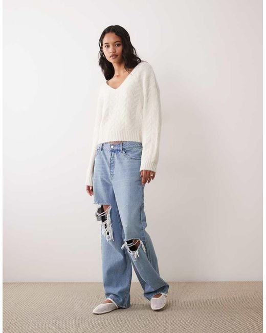 Miss Selfridge Natural Cable Knit Jumper With Bow Detail