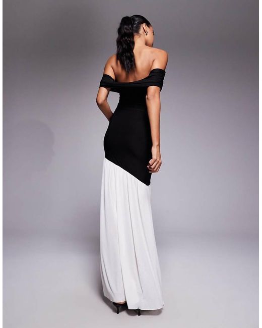 Kaiia Multicolor Exclusive Double Layered Slinky Foldover Bardot Asymmetric Contrast Hem Maxi Dress