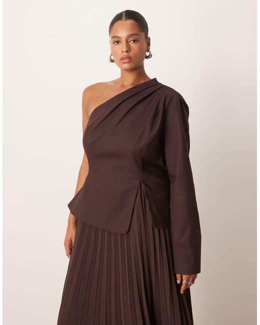 ARRANGE Brown Curve Sculpted One Shoulder Maxi Dress With Micro Pleat Hem