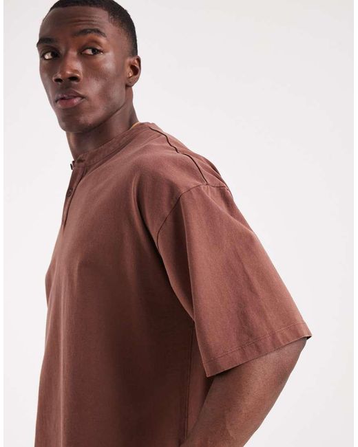 ASOS Brown Heavyweight Boxy Oversized T-shirt With Henley Neck for men
