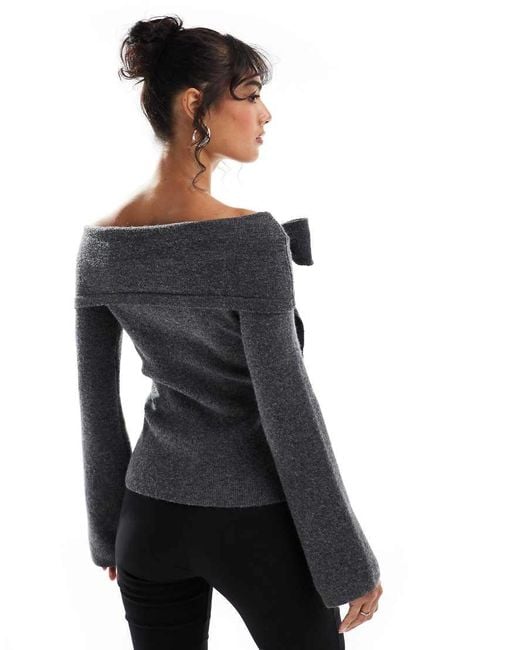 Pretty Lavish Gray Bardot Bow Knitted Top