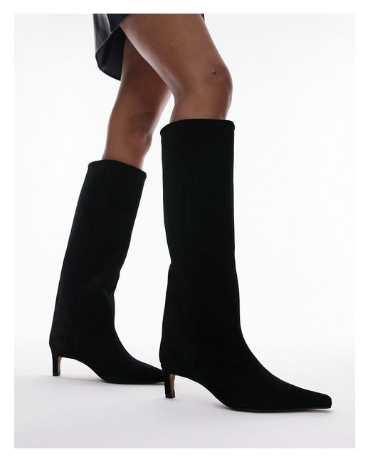 TOPSHOP Black Wide Fit Tara Premium Suede Mid Heel Pointed Knee Boots
