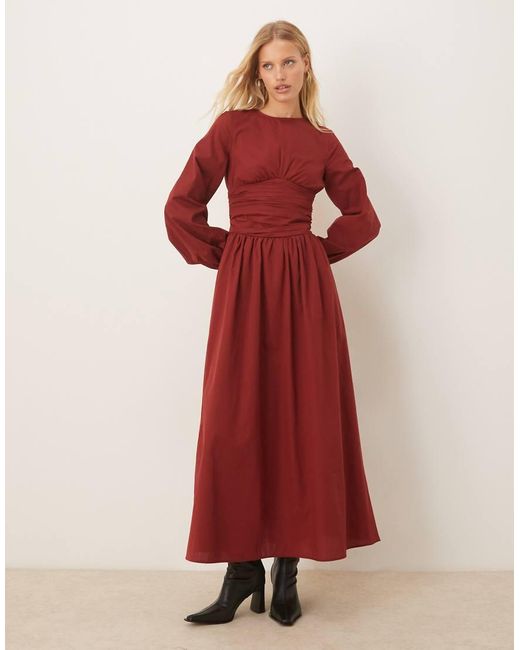 Vestido Largo Con Cuello Redondo, Cintura Fruncida Y Mangas Voluminosas De Popelina De -Rojo ASOS