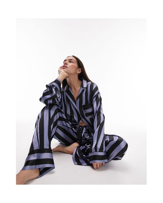TOPSHOP Blue – humbug – gestreifter satin-pyjama aus hemd und hose