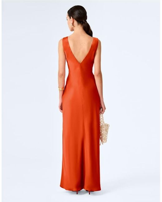 OMNES Red Dresses Casey V-Neck Satin Maxi Dress