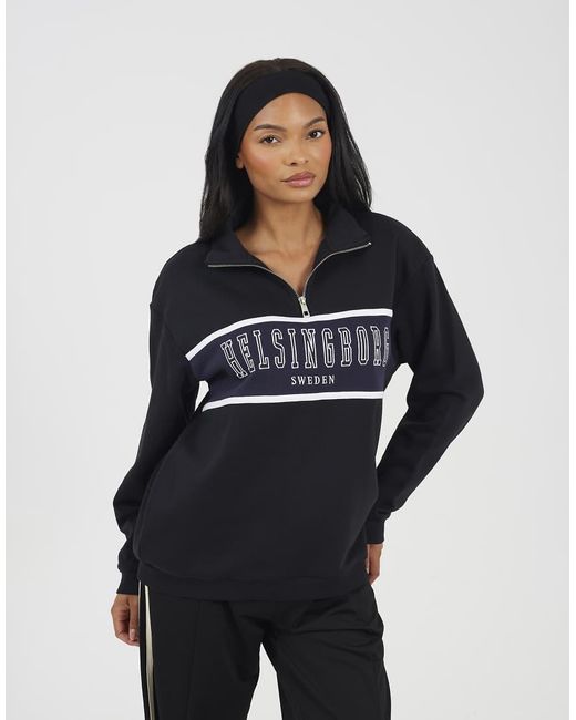 Brave Soul Blue Funnel Neck Quarter Zip Sweatshirt With Embroidery