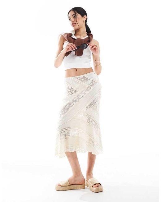 Pull&Bear White Lace Midi Skirt With Asymmetric Hem