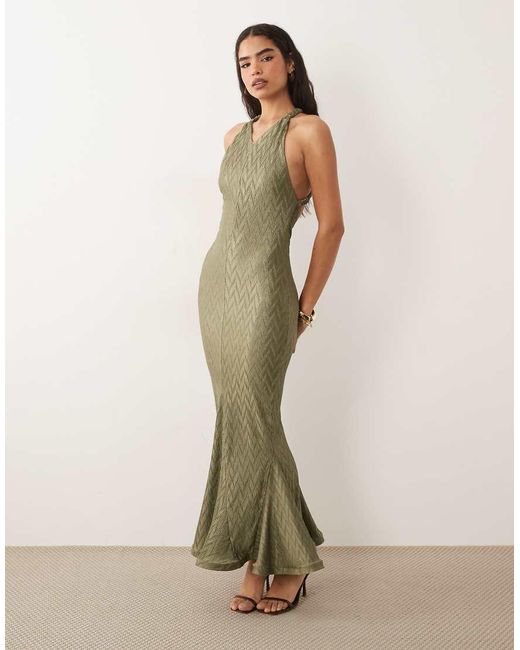 ASOS Green Zigzag Plisse V-neck Maxi Dress With Plait Strap Detail