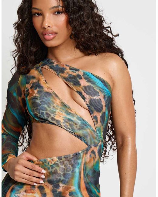 Public Desire Multicolor Aysemetric Cut Out One Sleeve Maxi Dress