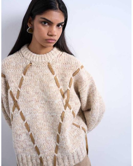 TOPSHOP Natural Knit Argyle Sweater With Leather Strap Detail