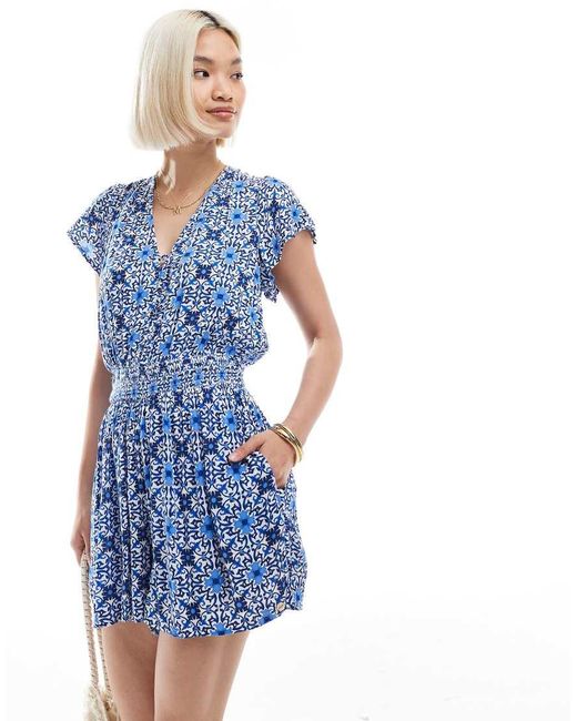 Superdry Blue Short Sleeve Printed Playsuit