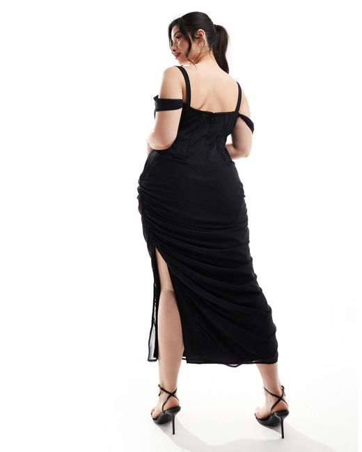 ASOS Black Asos Design Curve Corset Lace Chiffon Mix Panelled Milkmaid Midi Dress