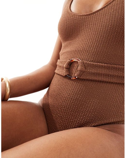 In The Style Brown Crinkle Scoop Neck Ring Belted Swimsuit