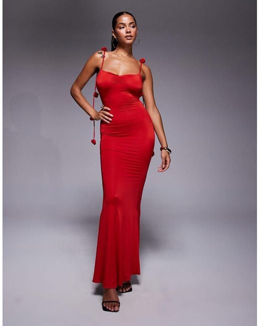 Oh Polly Red Aldona Slinky Jersey Rose Detail Maxi Dress