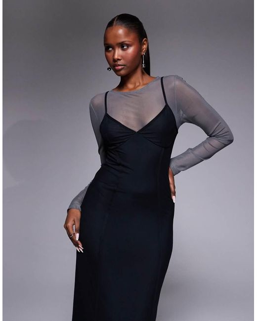 ASOS Blue Mesh Double Layer Corset Maxi Dress With Seaming Detail