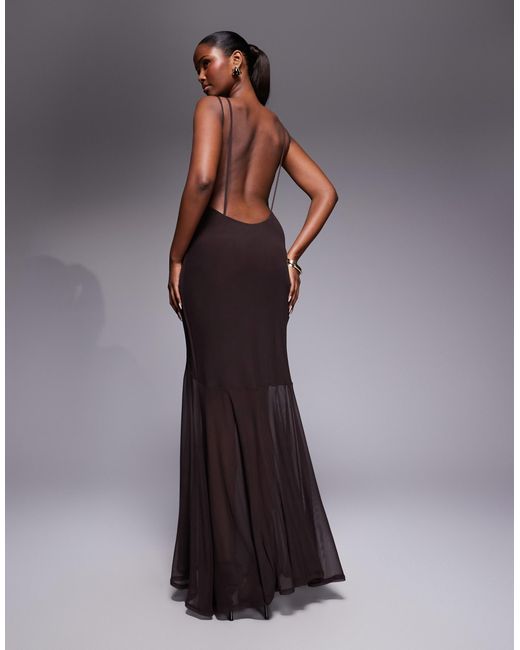 ASOS Mesh High Neck Maxi Dress With Open Back And Double Strap Detail in Brown