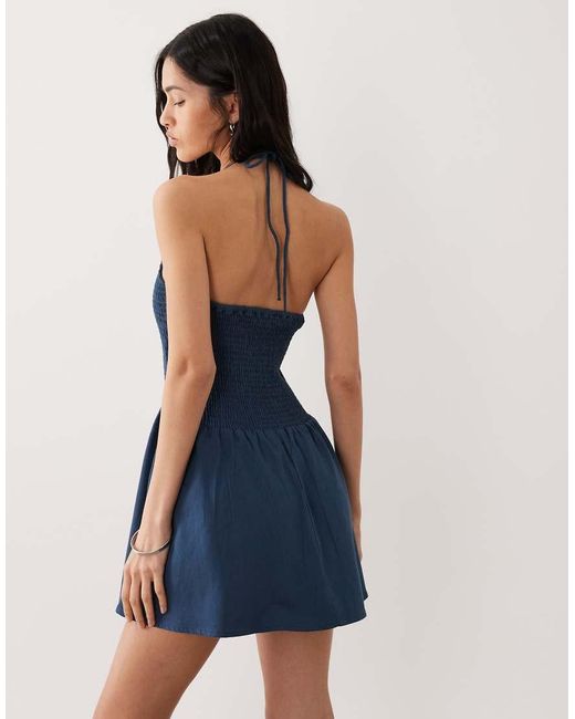 esmé studios Blue Shirred Detail Halter Mini Beach Dress