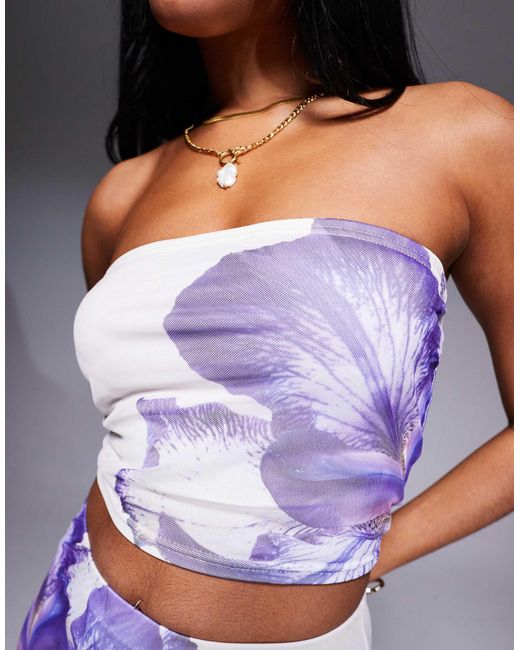 Kaiia Purple Exclusive Double Layered Slinky Mesh Floral Bandeau Crop Top Co-ord