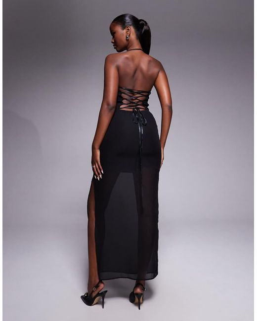 Fashionkilla Blue Exclusive Chiffon Halterneck Lace Up Open Back Detail Sheer Hem Maxi Dress