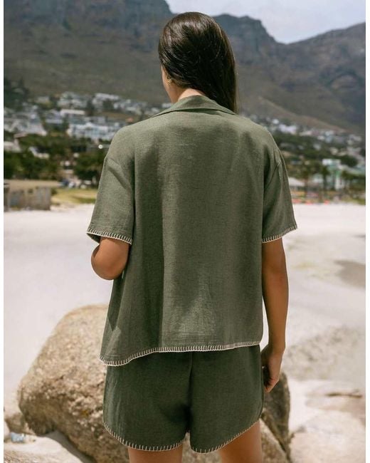 Chelsea Peers Green Linen-Blend Embroidered Short Sleeve Shirt