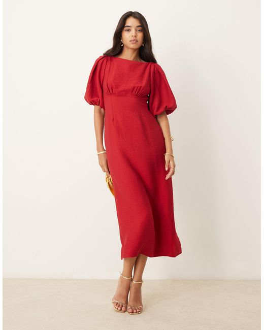 Nobody's Child Red Hannah Midaxi Dress With Balloon Sleeve
