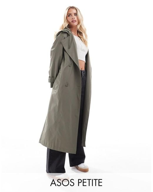 ASOS Black Asos Design Petite Rubberised Rain Hooded Trench Coat With Belt Detail